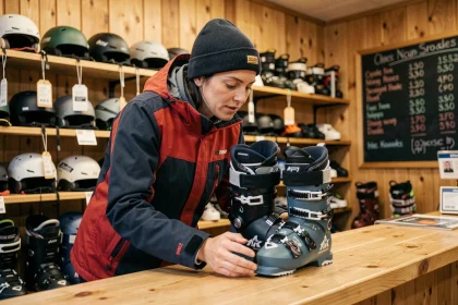 Femme comparant des chaussures de ski en location dans un magasin de montagne, avec liste de prix en arrière-plan