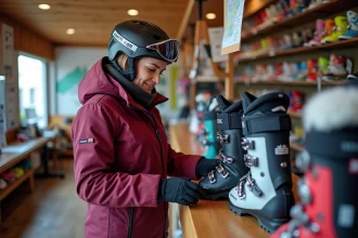 Femme examinant des chaussures de ski dans un magasin de location aux Deux Alpes, avec des rangées d'équipements colorés en arrière-plan