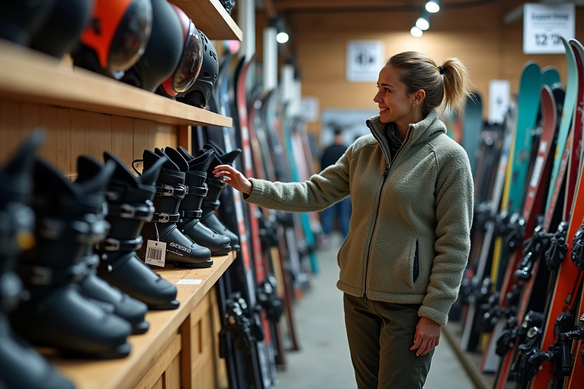 Femme comparant des chaussures de ski en location dans un magasin de matériel de montagne