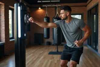 Homme frappant une machine de boxe musicale interactive dans une salle de sport à domicile avec un sac de frappe en arrière-plan
