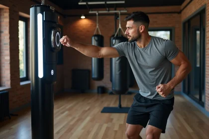 Homme frappant une machine de boxe musicale interactive dans une salle de sport à domicile avec un sac de frappe en arrière-plan