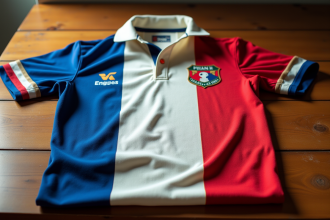 Maillot rugby sevens vintage des années 80 sur table en bois