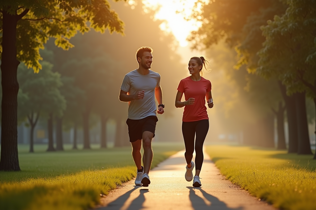 Un couple en tenue de sport marche dans un parc ensoleille avec un smartwatch