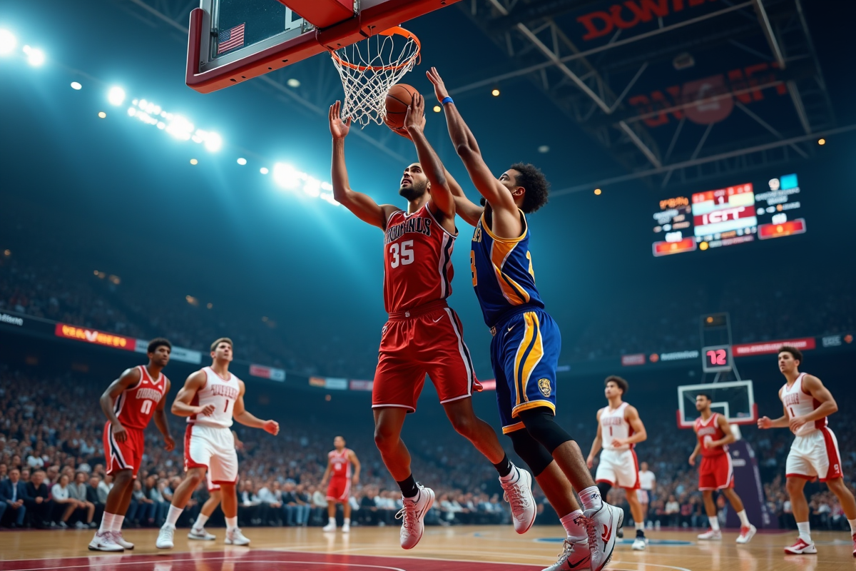 Deux equipes de basketball en action sous le panier