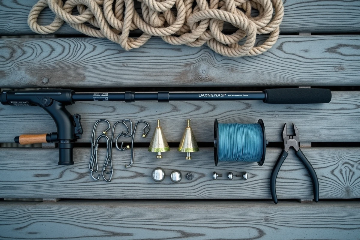 Vue en plongée d'un montage surfcasting avec empiles de longueurs différentes, bas de ligne et accessoires sur une table de quai