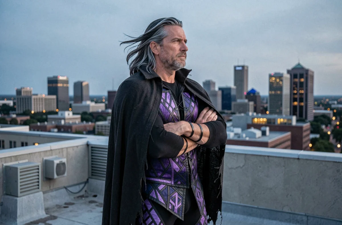 Catcheur professionnel en tenue gothique sur un rooftop urbain au crépuscule, regard déterminé vers l'horizon symbolisant la renaissance et le retour en force dans le catch TNA