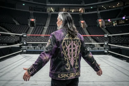 Catcheur chevronné de dos face au ring d'un immense arena vide, veste gothique noire et violette, atmosphère dramatique et introspective évoquant le renouveau dans le catch professionnel