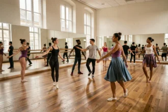 Groupe de danseurs aux styles variés répétant dans un grand studio de danse professionnel dans le Nord de la France