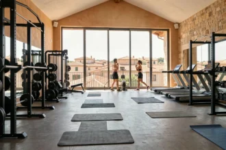 Vue panoramique d'une grande salle de fitness moderne dans les Bouches-du-Rhône avec équipements variés et baies vitrées