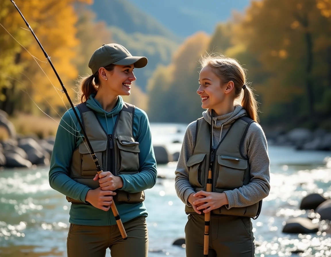 Mère et fille pêchant ensemble au bord d'une rivière de montagne française, tarifs carte de pêche femme et enfant 2026