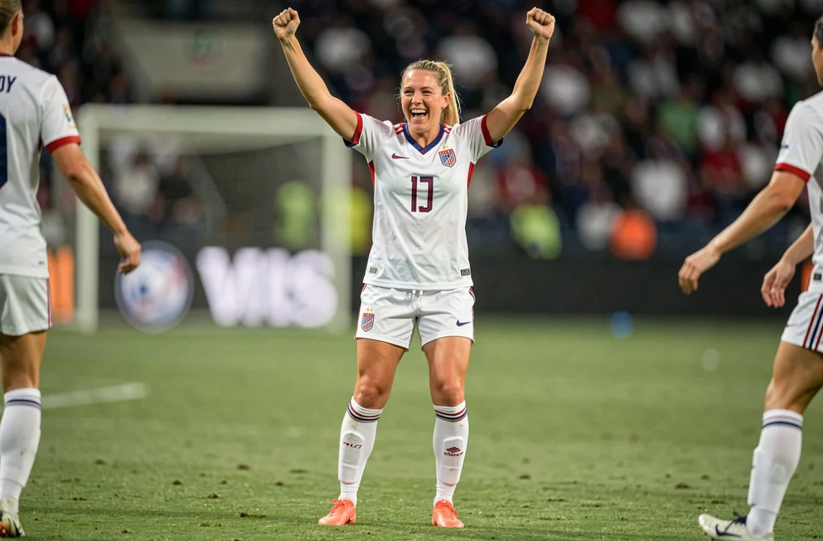 Joueuse de l'équipe nationale féminine américaine de football célébrant un but les bras levés en tenue blanche sur le terrain