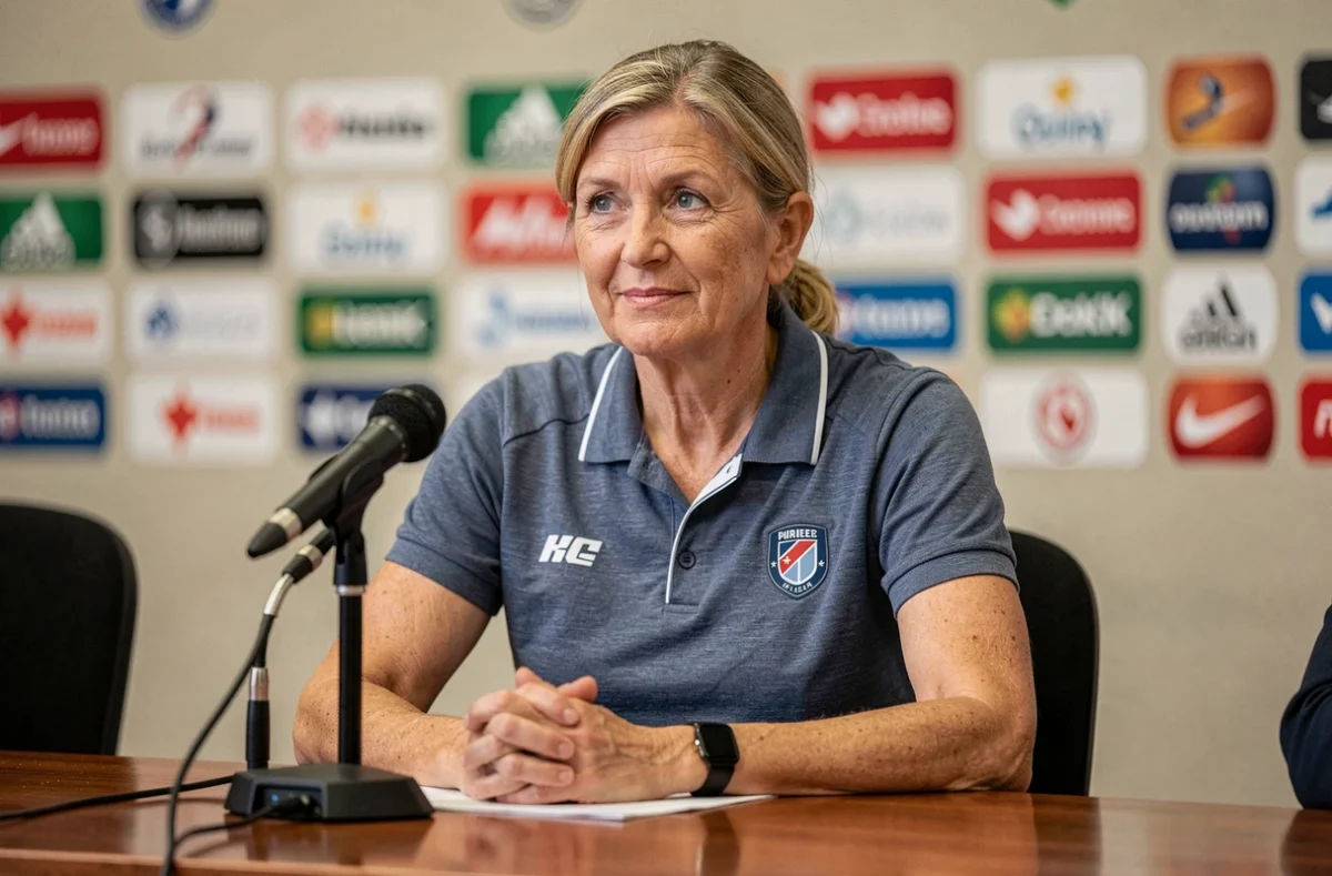 Ancienne footballeuse américaine en conférence de presse devant des bannières de sponsors dans une salle officielle