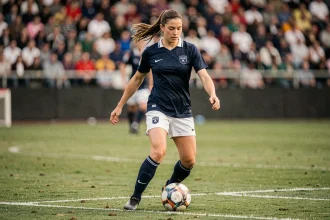 Joueuse de football féminin en jersey bleu marine dribblant un ballon sur un terrain de match avec un stade en arrière-plan flou