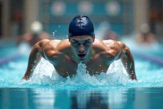 Jeune nageur en maillot bleu nageant en compétition