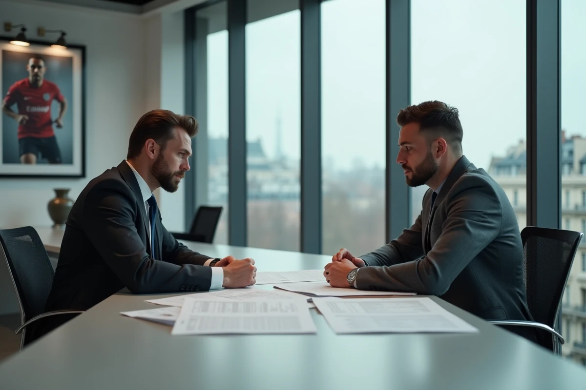 Agent sportif et joueur de football négociant un contrat de salaire dans un bureau parisien moderne