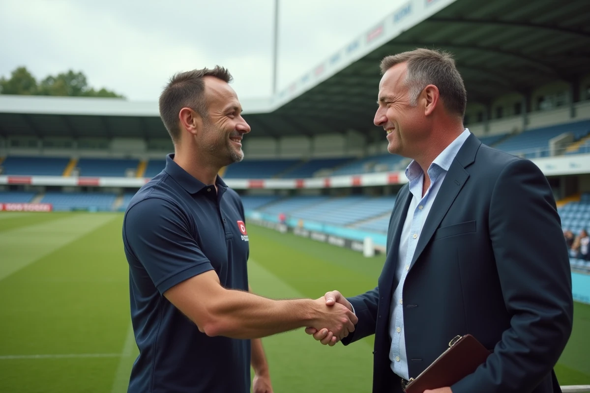 Directeur sportif et joueur signant un accord de transfert en bord de terrain dans un club de rugby National 2
