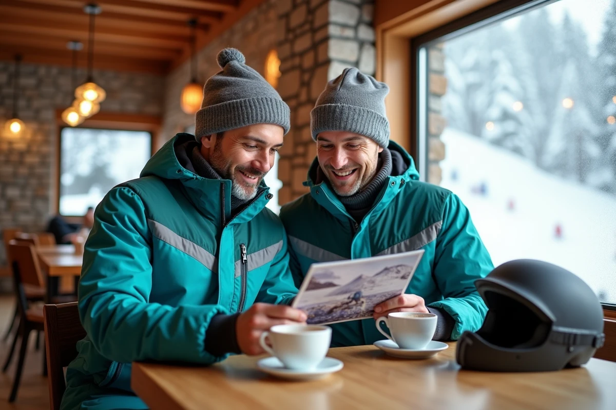 Couple de skieurs comparant des packs forfait et location de matériel aux Deux Alpes dans un café de station de ski alpin