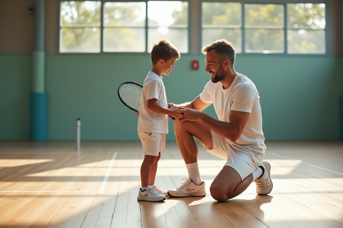 Père enseignant le tennis à son fils dans une salle intérieure
