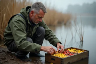 Pêcheur de carpe choisissant une bouillette parmi plusieurs tailles et couleurs dans une boîte à appâts au bord de l'eau