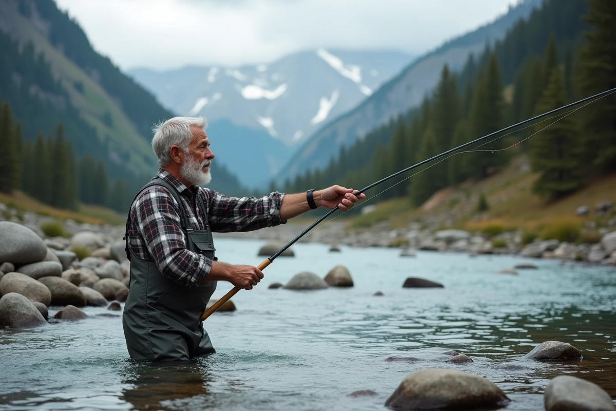 Pêcheur à la mouche en waders dans un torrent de montagne, permis de pêche adapté à la pêche en rivière 2026