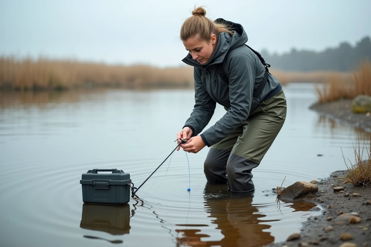 Pêcheuse mesurant et coupant une empile en fluorocarbone dans un estuaire peu profond pour adapter son montage surfcasting