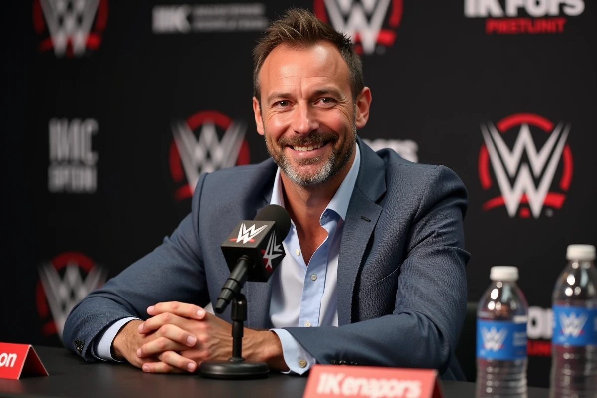 Personnalité de la WWE lors d'une conférence de presse avec microphones et bannières officielles en arrière-plan