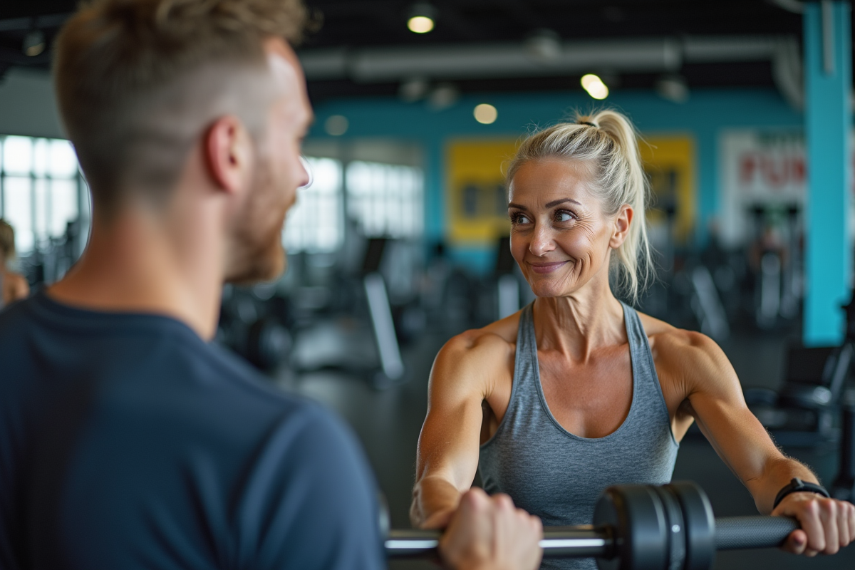 Personne agee et jeune entrainement avec coach dans salle de sport