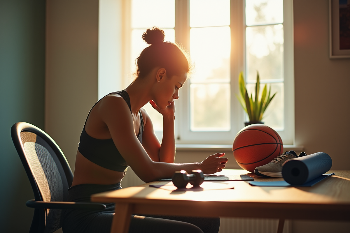 Personne en tenue de sport choisissant ses équipements dans un bureau lumineux