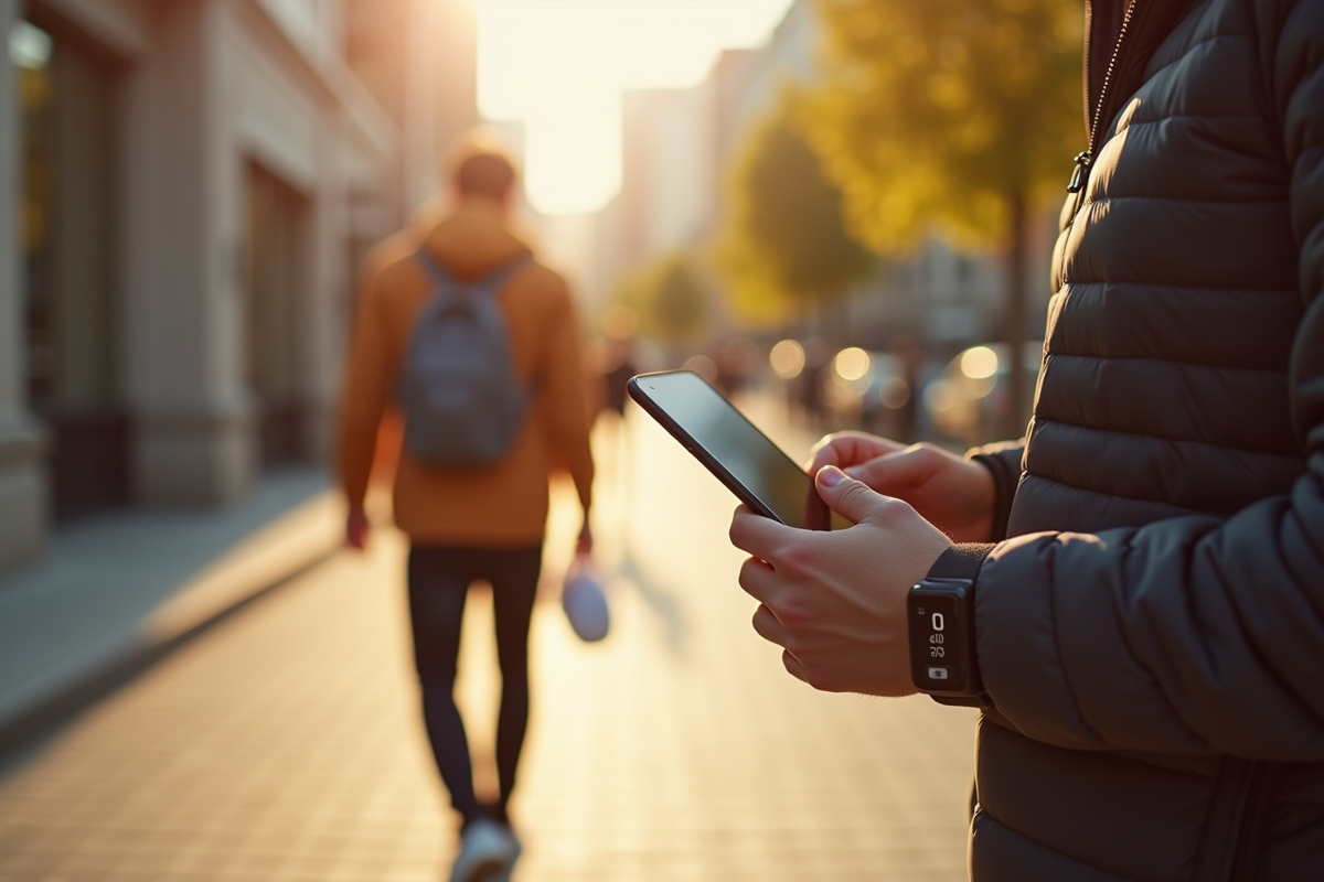Personne vérifiant un tracker fitness en marchant en ville
