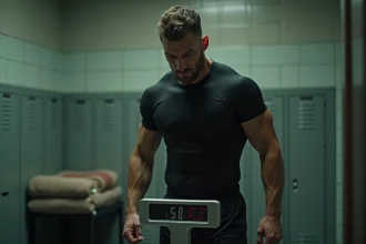 Boxeur professionnel masculin lors d'une pesée officielle dans un vestiaire, regardant la balance numérique avec concentration avant un combat