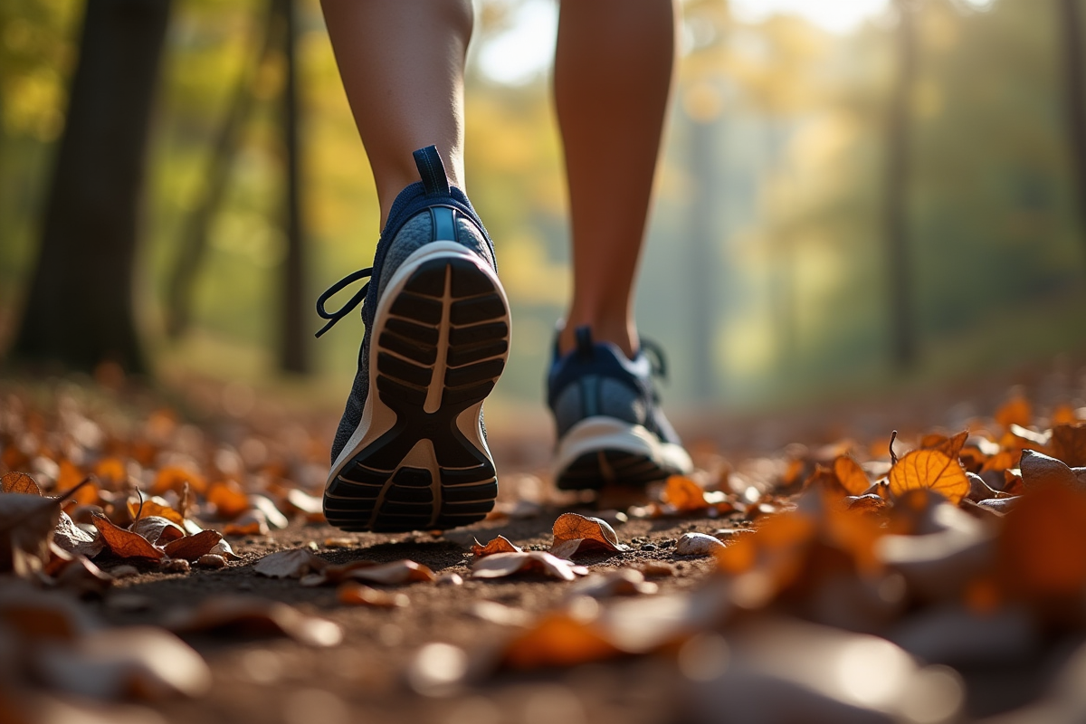 Pieds en chaussures de sport sur sentier forestier avec compteur