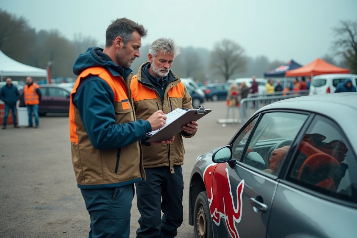 Deux pilotes de rallye étudiant le calendrier de la saison 2026 dans un parc d'assistance