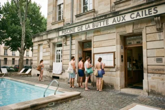 Façade historique de la piscine de la Butte aux Cailles à Paris avec des visiteurs consultant les horaires du week-end