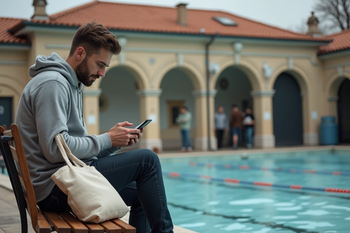 Homme consultant le planning de la piscine sur son téléphone devant l'entrée Art Déco de la Butte aux Cailles