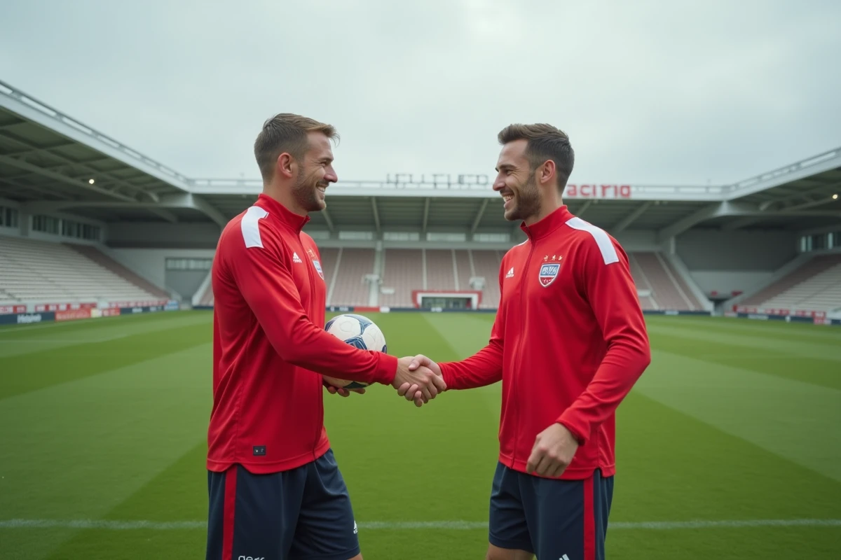 Deux footballeurs de Valenciennes FC se serrant la main sur le terrain lors d'un transfert ou d'une arrivée officielle en 2026