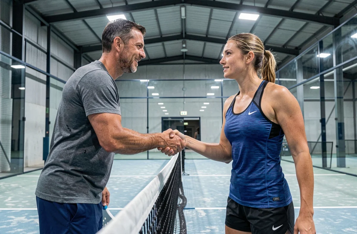 Deux joueurs de padel se serrant la main au filet après un match de compétition dans un club indoor