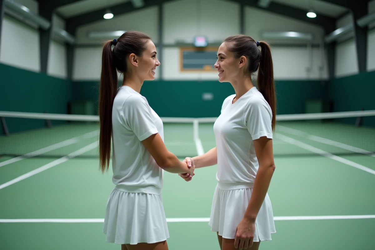 Deux joueuses universitaires se serrant la main au filet après un match de tennis en salle