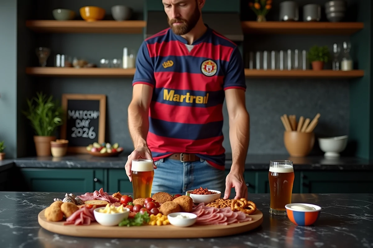 Homme préparant un plateau de snacks de matchday dans une cuisine moderne avec bières et ardoise décorative pour une soirée football