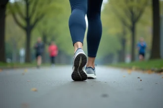 Femme en train de courir en parc urbain montrant la pronation du pied en pleine foulée
