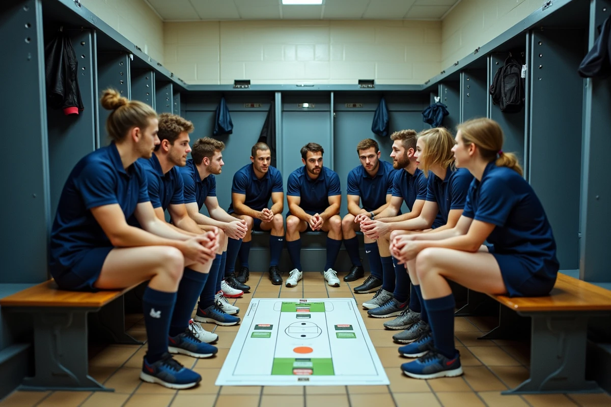 Jeunes joueurs rugby en vestiaire en train de revoir la tactique