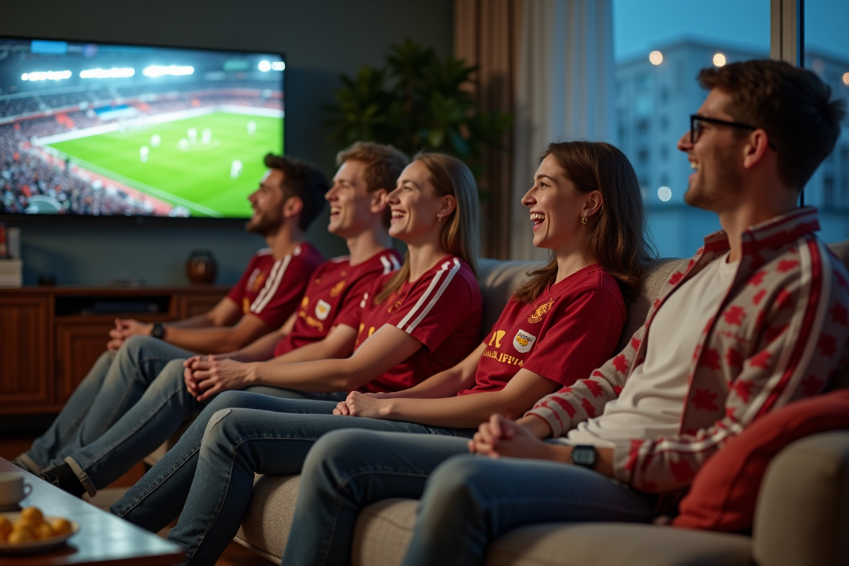 Jeunes adultes regardant un match de football à la maison