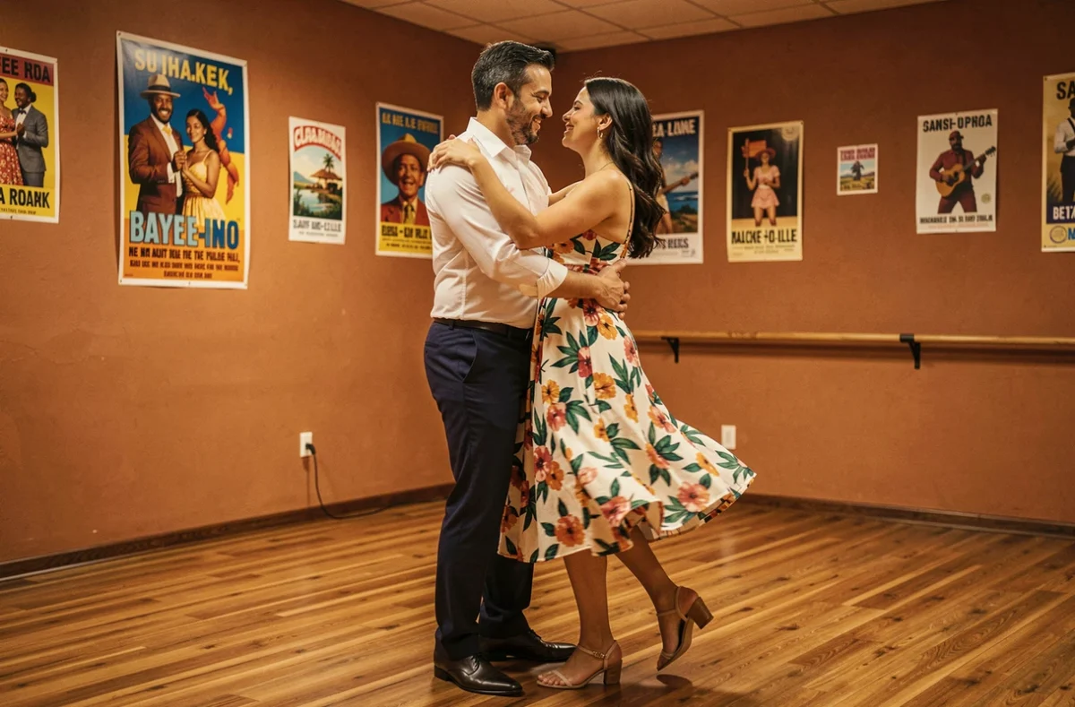 Couple dansant la bachata dans une ambiance chaleureuse au studio Sabor Latino à Saint-André-lez-Lille