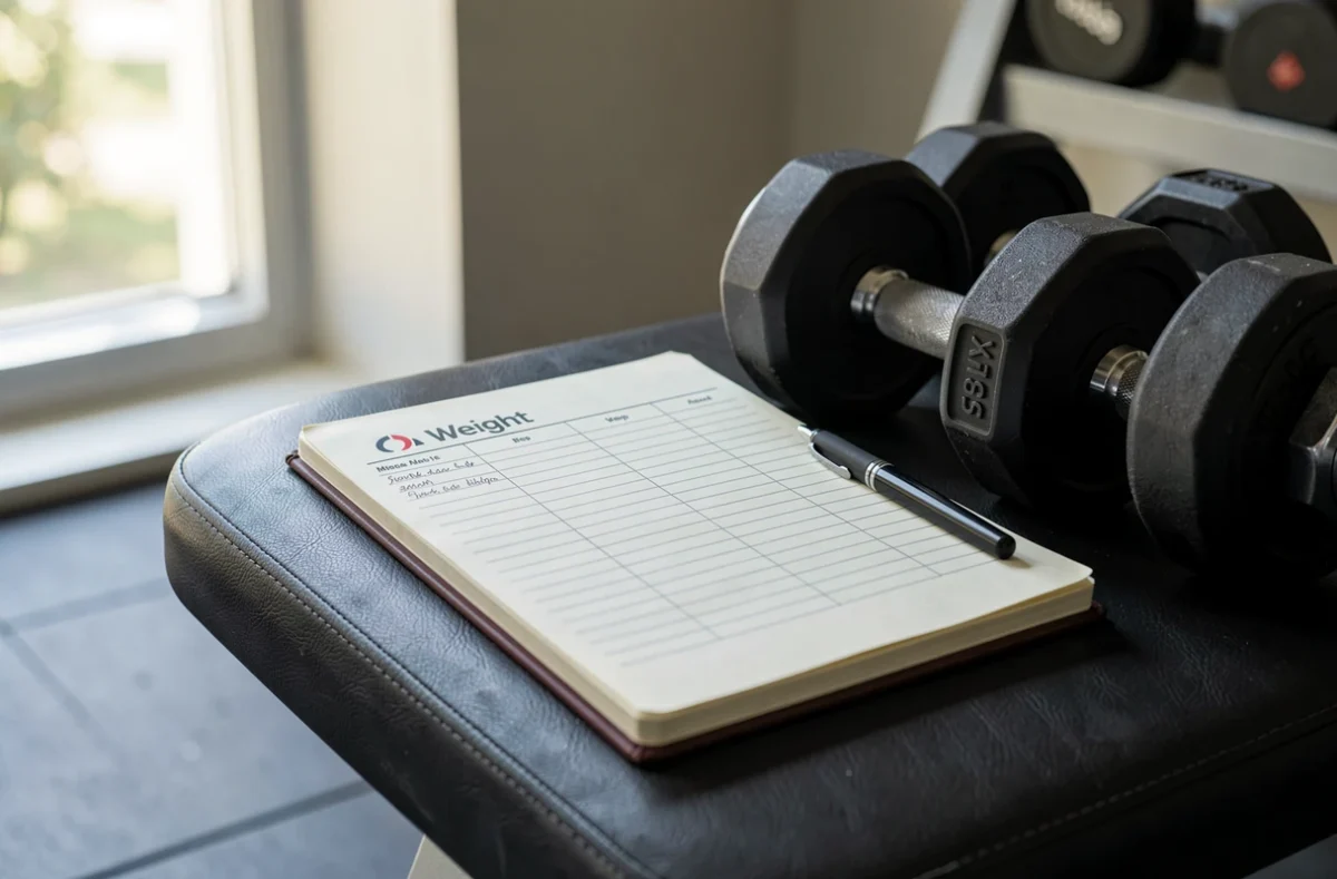 Séance de musculation avec notes de charges dans un carnet