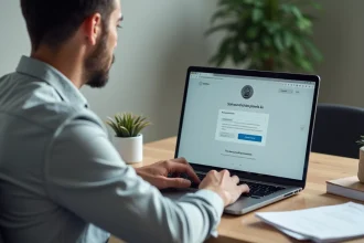 Homme consultant les paramètres de sécurité de son compte Infonet Le Trot sur un ordinateur portable dans un bureau à domicile