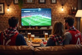 Groupe d'amis regardant un match de football sur grand écran avec snacks et bières dans un salon décoré aux couleurs de l'équipe