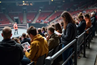 Groupe de spectateurs divers regardant leurs billets WWE dans une arena parisienne