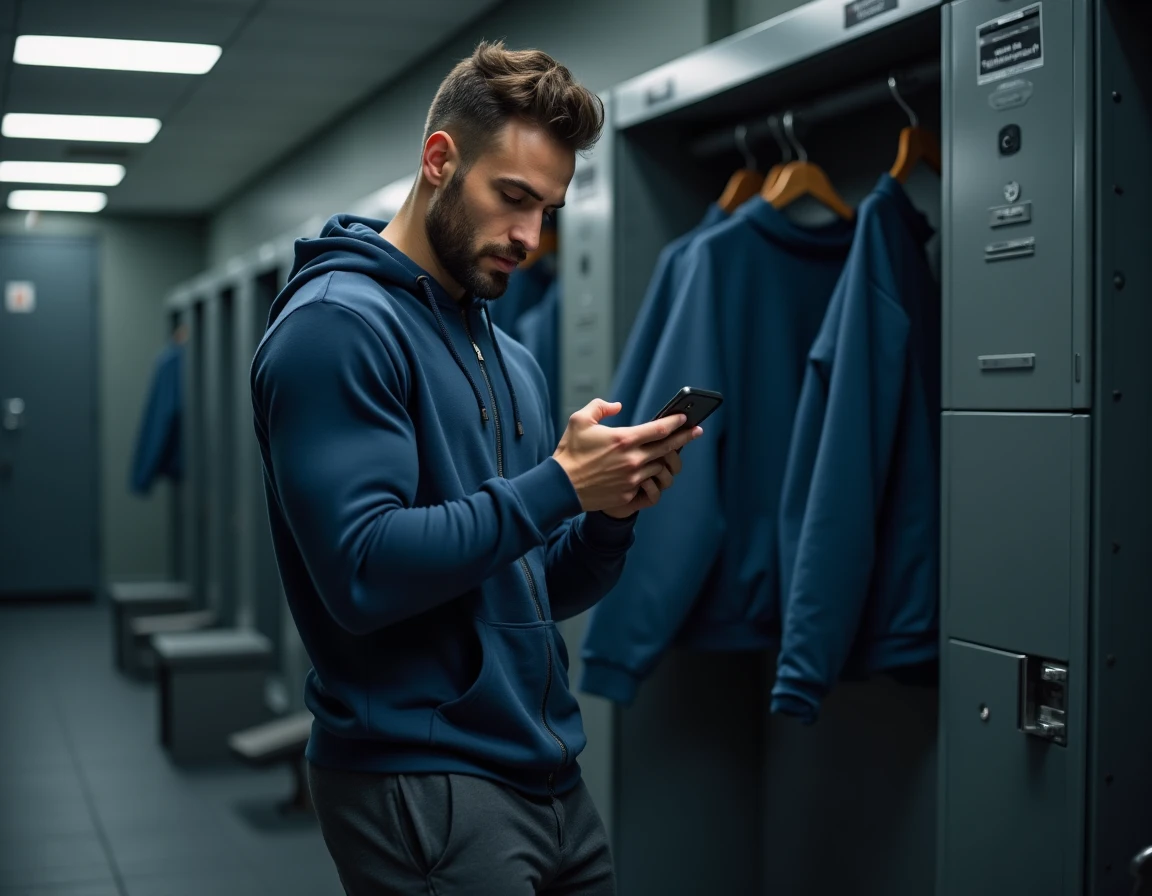 Sportif consultant le forum Planète Muscle sur son smartphone dans un vestiaire de salle de sport