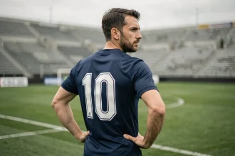 Footballeur portant le numéro 10 sur un terrain de football naturel, vu de dos avec des tribunes en arrière-plan flou