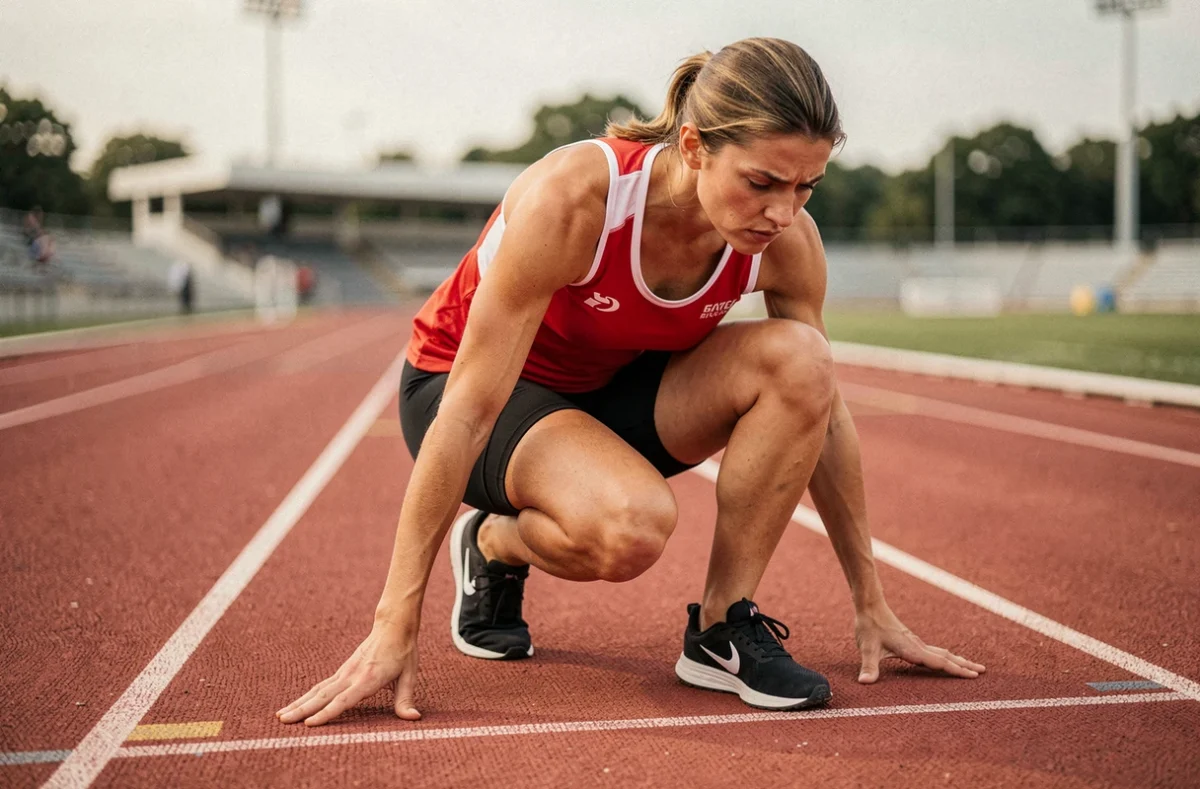 Athlète féminine en position de départ sur une piste d'athlétisme rouge, concentrée avant une course