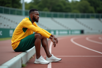 Sprinteur masculin en réflexion sur la piste du stade
